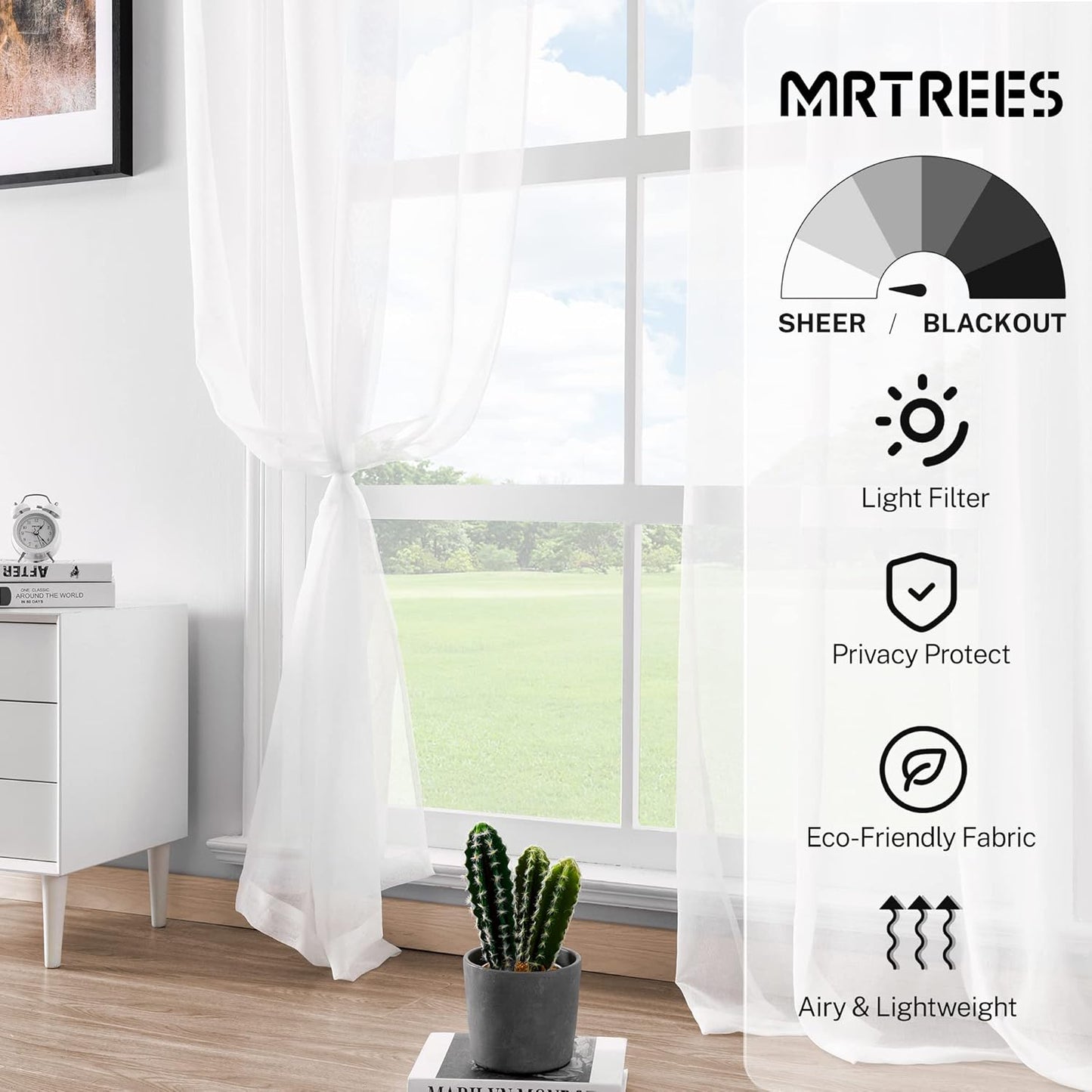 MRTREES White Sheer Kitchen Tier Curtains, 34 x 24 inch Light Filtering Rod Pocket Voile Cafe Curtains, 2 Panels