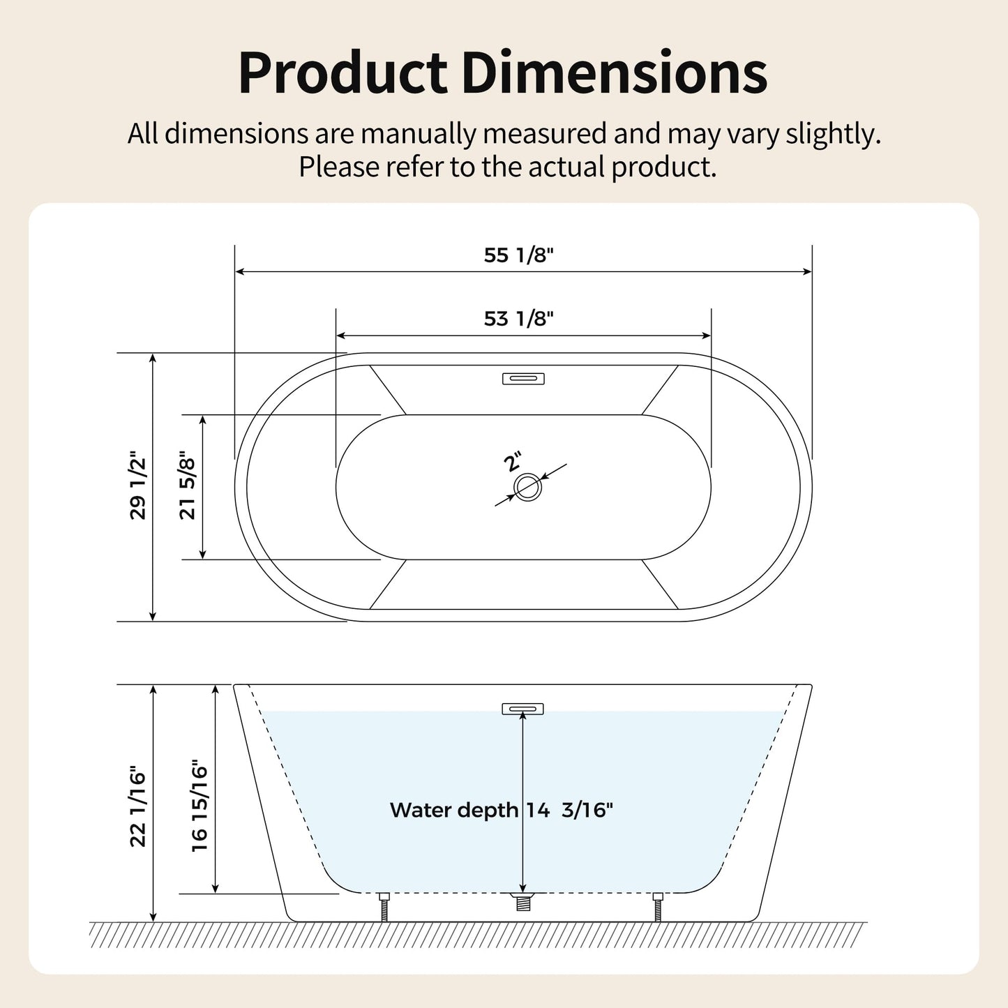 DeerValley 55" Acrylic Freestanding Bathtub, Deep Soaking Tub with Center Drain & Integrated Overflow, White Standalone Shower Tub Ergonomic Design, DV-1T0582