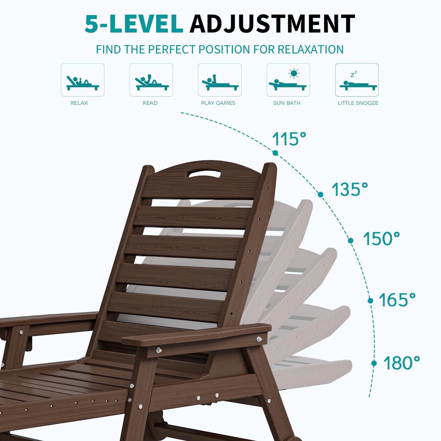 Plawdlik Oversized Patio Chaise Lounge Set of 2, 5 Positions Adjustable HDPE Outdoor Lounge Chair with Rolling Wheels & Cup Holder,All-Weather for Poolside, Beach, Garden - Coffee