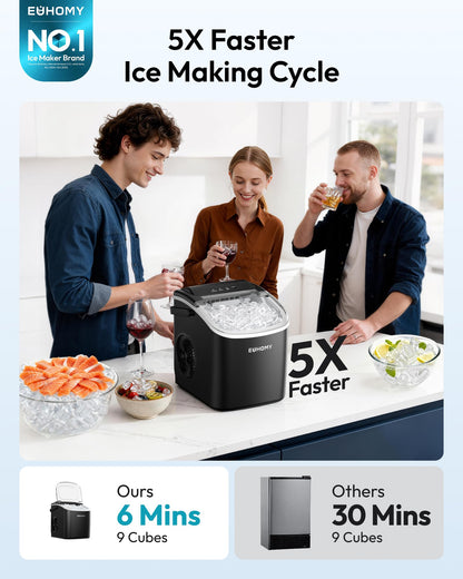 EUHOMY Countertop Ice Maker Machine with Handle, 26lbs in 24Hrs, 9 Ice Cubes Ready in 6 Mins, Auto-Cleaning Portable Ice Maker with Basket and Scoop, for Home/Kitchen/Camping/RV. (Black)