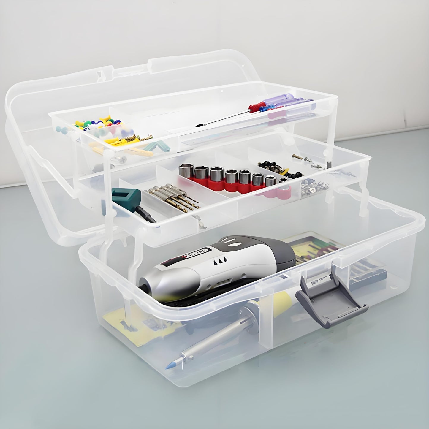 Tosnail 12-Inch 3 Layers Plastic Craft Organizer Box Storage Container First Aid Carrying Case for Sewing, Painting, Arts - Clear
