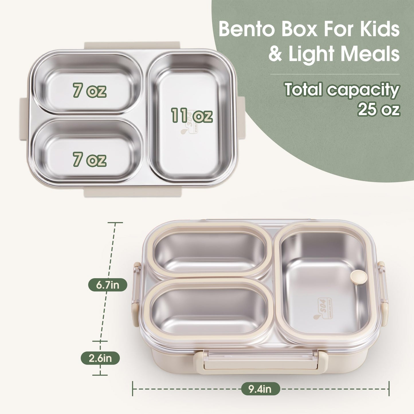 Kabbas Stainless Steel Bento Box Kids & Adults - 25 oz Leakproof Lunch Box with 3 Compartments, Premium 304 Stainless Steel Lunch Box for Kids, Dishwasher Safe, Suitable for School, Office, Outside