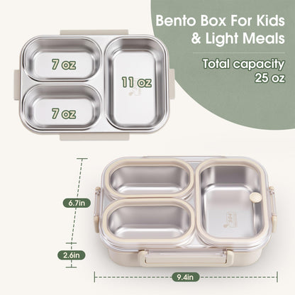 Kabbas Stainless Steel Bento Box Kids & Adults - 25 oz Leakproof Lunch Box with 3 Compartments, Premium 304 Stainless Steel Lunch Box for Kids, Dishwasher Safe, Suitable for School, Office, Outside