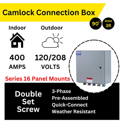 Power Assemblies Camlock Connection Box, 400 Amp, 120/208V, 3 Phase, 4 Wire, NEMA 4/12 Box with Camlock Series 16 Male Inputs, Double Set Screw Wall-Mount Power Distribution Box, BLK/RED/BLU/WHT/GRN