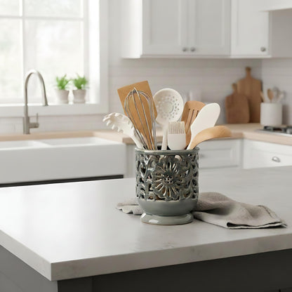 JH JIEMEI HOME Farmhouse Kitchen Utensil Holder for Countertop, Ceramic Large Cooking Utensil Crock with Cork Mat, Decorative Rustic Utensil Holder for Kitchen Counter, Hollow Carving Flower, Gray