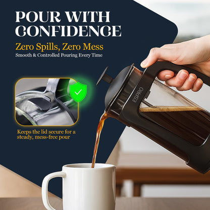 ESPRO Light P3 French Press Coffee Maker – Patented Double Micro-Filter for Grit-Free Brew, Heat Resistant thicker Borosilicate Glass Coffee press – (Black, 32 oz)