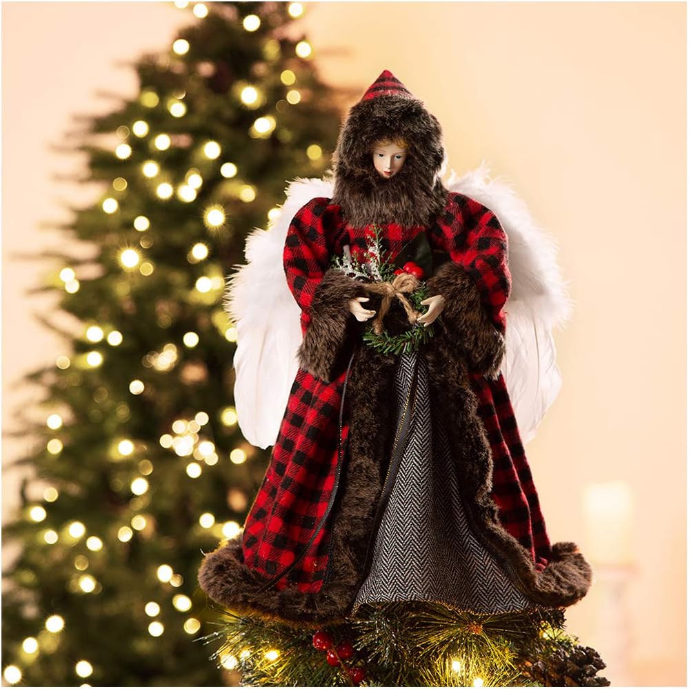 Glitzhome Handmade Plaid Angel Figurine Christmas Treetop Ornament, 12" H, Red & Black
