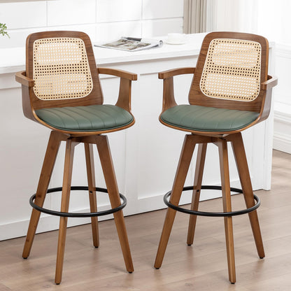WUPOTO Bar Stools Set of 2, 29.7" Bar Height 360° Swivel Stools with Ergonomic Rattan Back, Faux Leather Seat, Bamboo Legs with Walnut Finish, Mid-Century Style (Green)