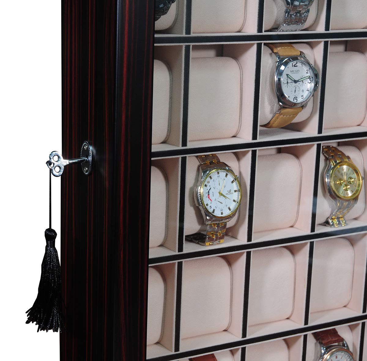 TIMELYBUYS 30 Piece Ebony Wood Watch Display Wall Hanging Case and Storage Organizer Box and Stand Father's Day Gift