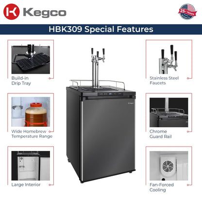 Kegco HBK309X-3 Keg Dispenser, 3 faucet without kegs Black Stainless Steel
