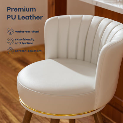 SeekFancy 24" Swivel Bar Stools Set of 2, Counter Height BarStools with Back, Leather Swivel Kitchen Stools with Wood Legs and Footrest, Upholstered Pub White Bar Chairs Kitchen Island
