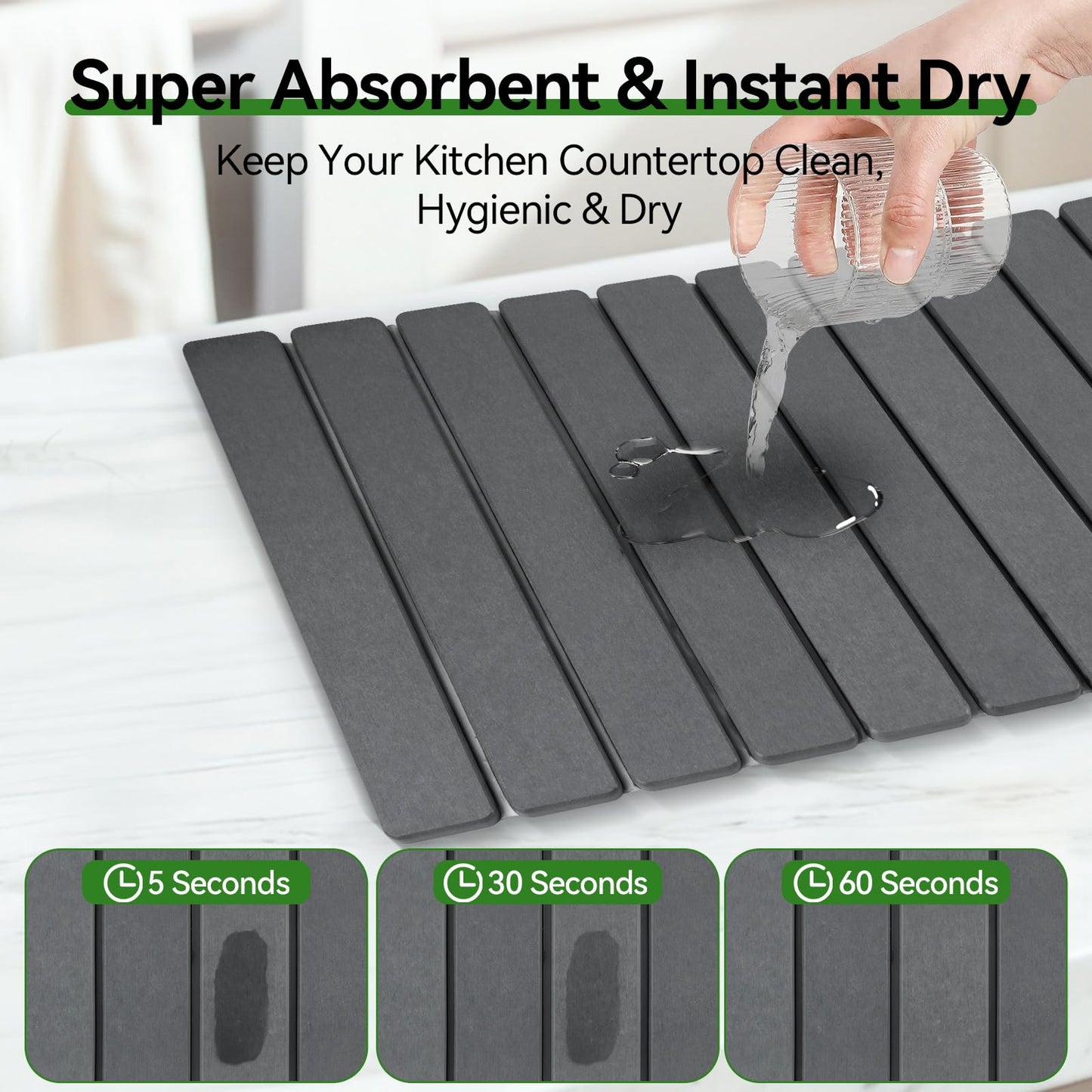 Large Stone Drying Mat for Kitchen Counter, 24"x16" Collapsible Diatomaceous Earth Drying Mat, Instant Absorbent Dish Drying Pad, Stone Drying Rack Space Saver Drying Board for Kitchen Sink, Gray