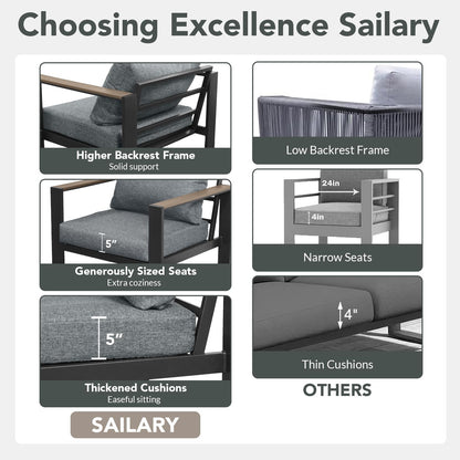 SAILARY Outdoor Patio Furniture Set 7 Pieces Luxury Aluminum Patio Conversation Set with Coffee Table and 2 Ottoman 9 Seats, Thick Cushions, Large Sectional Sofa for Porch, Balcony, Deck, Yard, Gray
