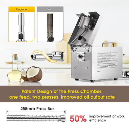 CGOLDENWALL 1500W Commercial Automatic Oil Press Machine Industrial Oil pressing machine Nuts Seeds Oil Presser Pressing Machine Cold Hot Press All Stainless Steel High Oil Extractor CE (Silver, 110V)