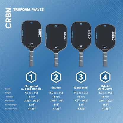 CRBN Pickleball - TruFoam Waves Paddle - Elongated w/Long Handle - Carbon Fiber Pickleball Paddle - 100% Foam Core Designed for Maximum Power, 14mm