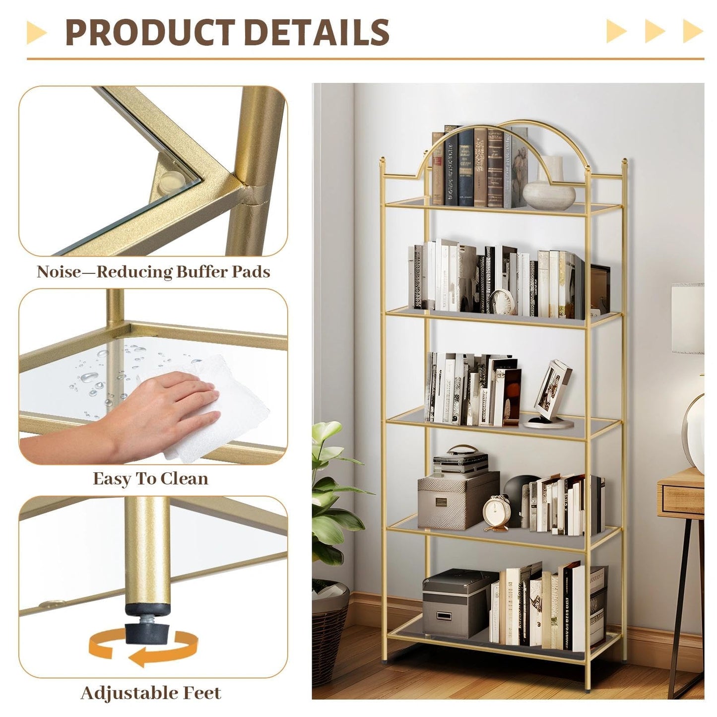 GIFTTROVE 5 Tier Bookshelf, Gold Book Shelf for Storage, Metal Tall Storage Display Bookcase, Modern Open Arched Book Case for Bedroom, Living Room, Glass Office Organization Shelf, 66.3" X 26" X 13"
