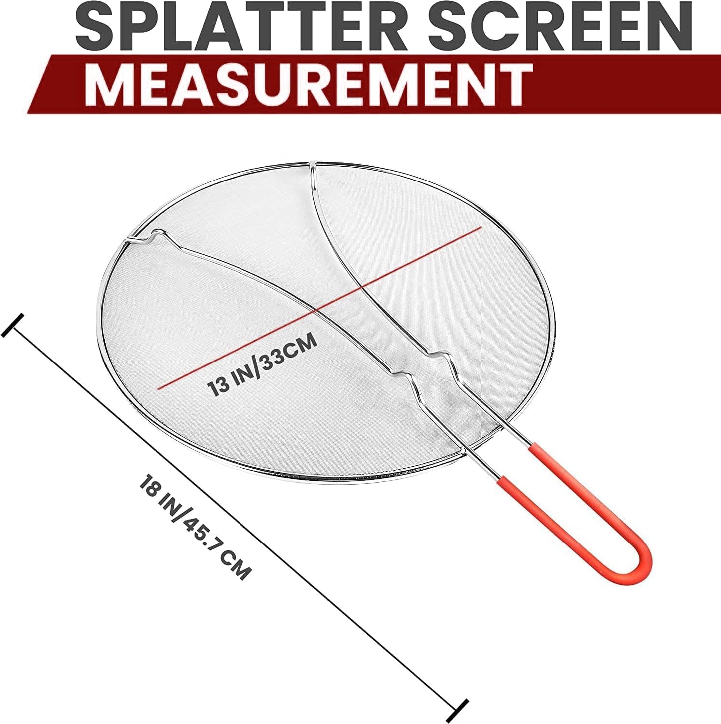 13" Grease Splatter Screen for Cooking | Stainless Steel Oil Splatter Guard and Ultra-Fine Mesh Protects Skin from Burns | Silicone Red Handle