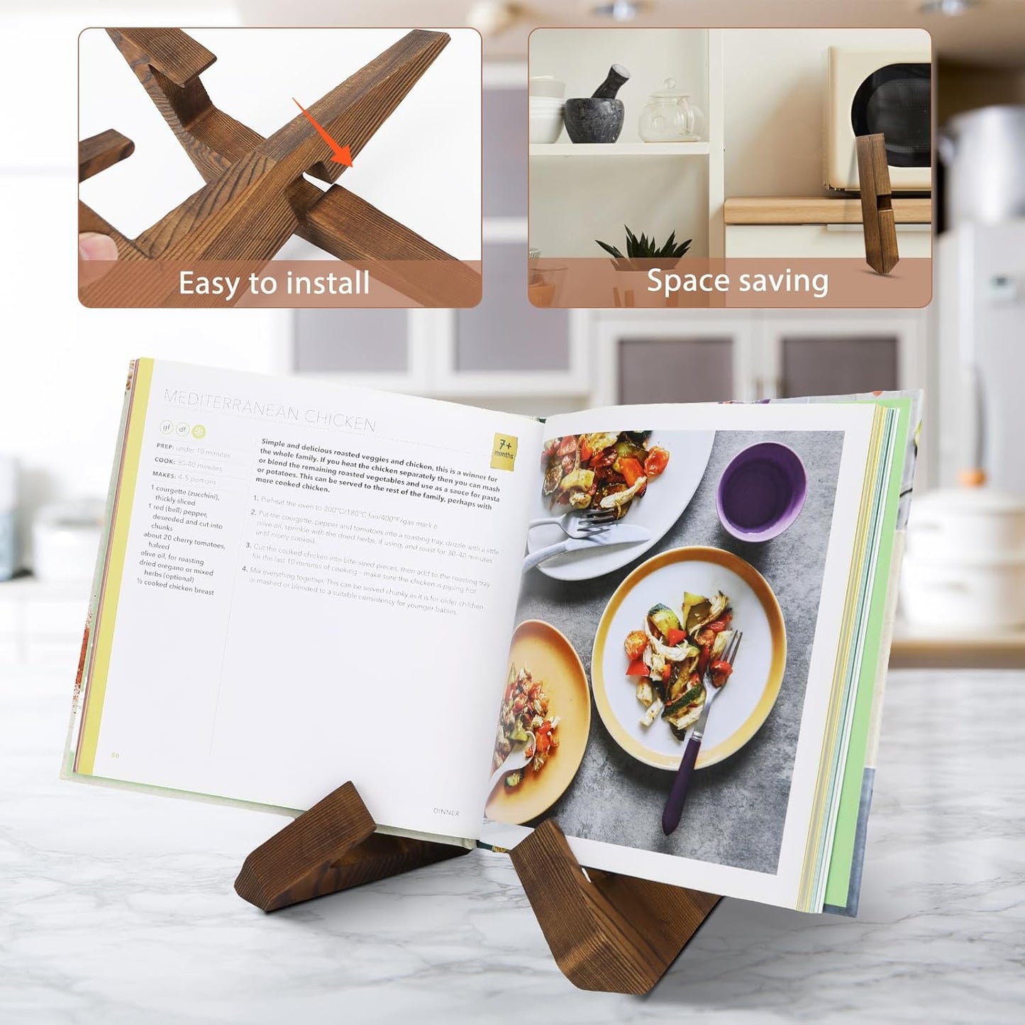 Wooden Cookbook Display Stand Holder, Adjustable and Foldable Rustic Wood Design for Kitchen Countertops and Recipes