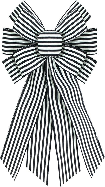 Black White Burlap Wreath Bow - 20 x 11 Inches | Stylish Striped Ribbon for Home Decor & Front Door