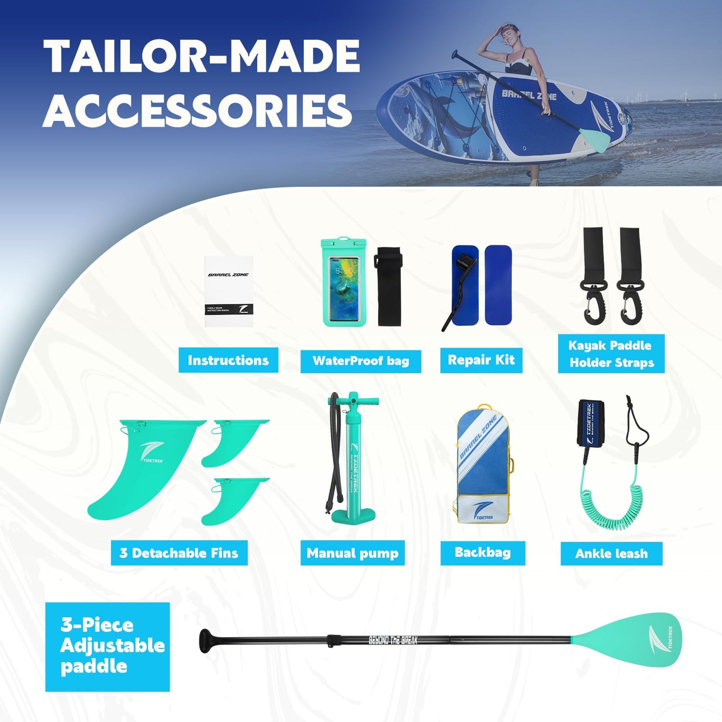 TIDETREK 11'/11'6" x 33"/34" x 6" Inflatable SUP Paddle Board – Extra-Wide, Stable Stand Up Paddle Board with Premium Full Accessory Set for Adults & Youth (Whale Dream, 11'x33 x6)