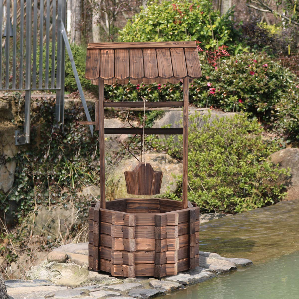 S AFSTAR Wooden Garden Bridge, 5FT Stain Finished Arch Footbridge with Safety Rails for Garden Patio Yard, Outdoor Pond Bridge & Wishing Well Planter Set