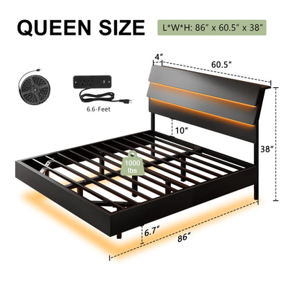 Feonase Floating Bed Frame Queen Size with Led Lights and Charging Station, Wood Queen Bed Frame with Storage Headboard, Heavy Duty Metal Slats, No Box Spring Needed, Easy Assembly, Black