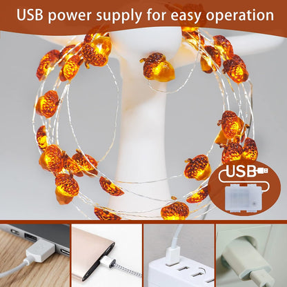 Impress Life Thanksgiving Acorn String Lights - 10ft Silver Wire 40 LED Battery Powered with Remote Timer
