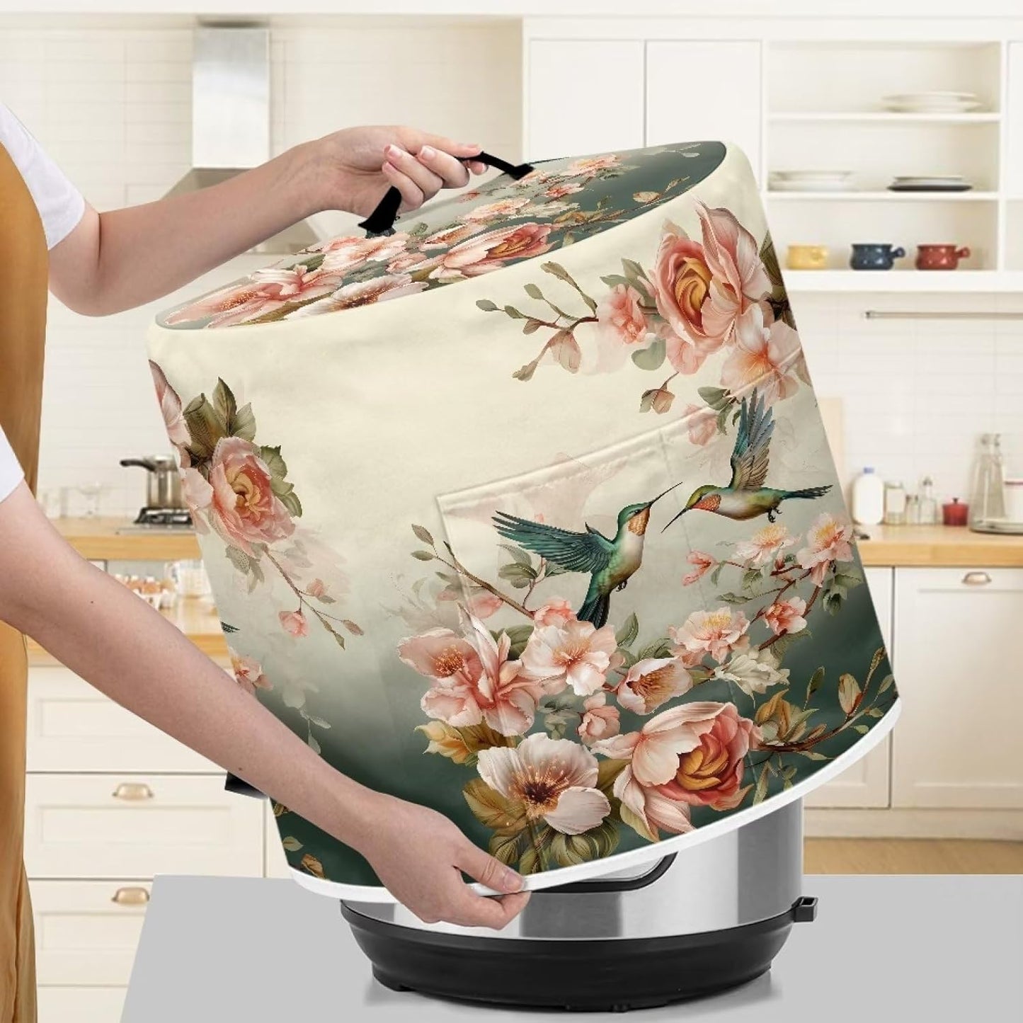 Hummingbird Floral Pressure Cooker Cover with Pocket, Dustproof Kitchen Decoration for Rice Cooker