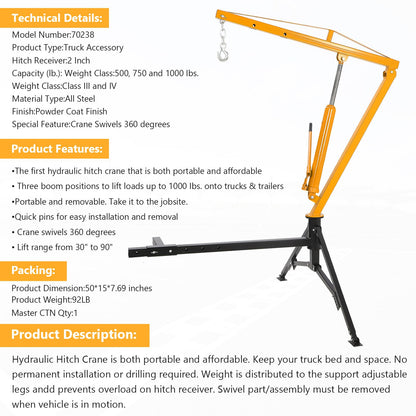 1000 LB Capacity Hydraulic Hitch Mounted Crane, 360° Swivel Truck Bed Crane with 3 Adjustable Capacities for Lifting Heavy Motors, Construction Goods & Cargo, Yellow