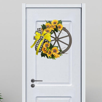 Sunflower Wagon Wheel Wreath for Front Door, Wooden Decor with Sunflower and Bow, 17.7in Spring Wreath