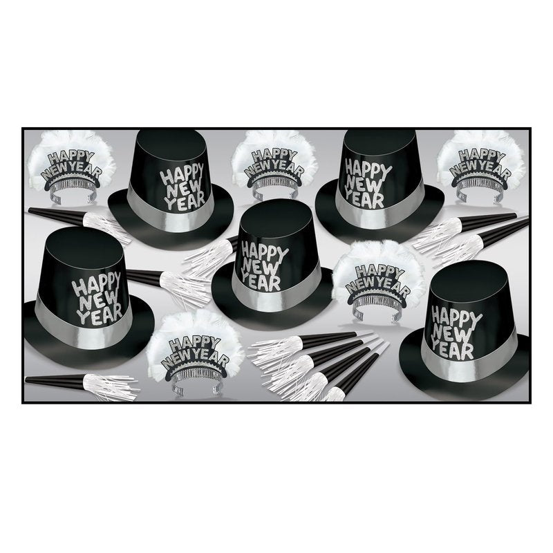 Beistle Tuxedo-Nite New Years Eve Party Assortment for 10 People- NYE Glittered Top Hats, Feathered Tiaras, Tassel Horns, Made in USA Since 1900
