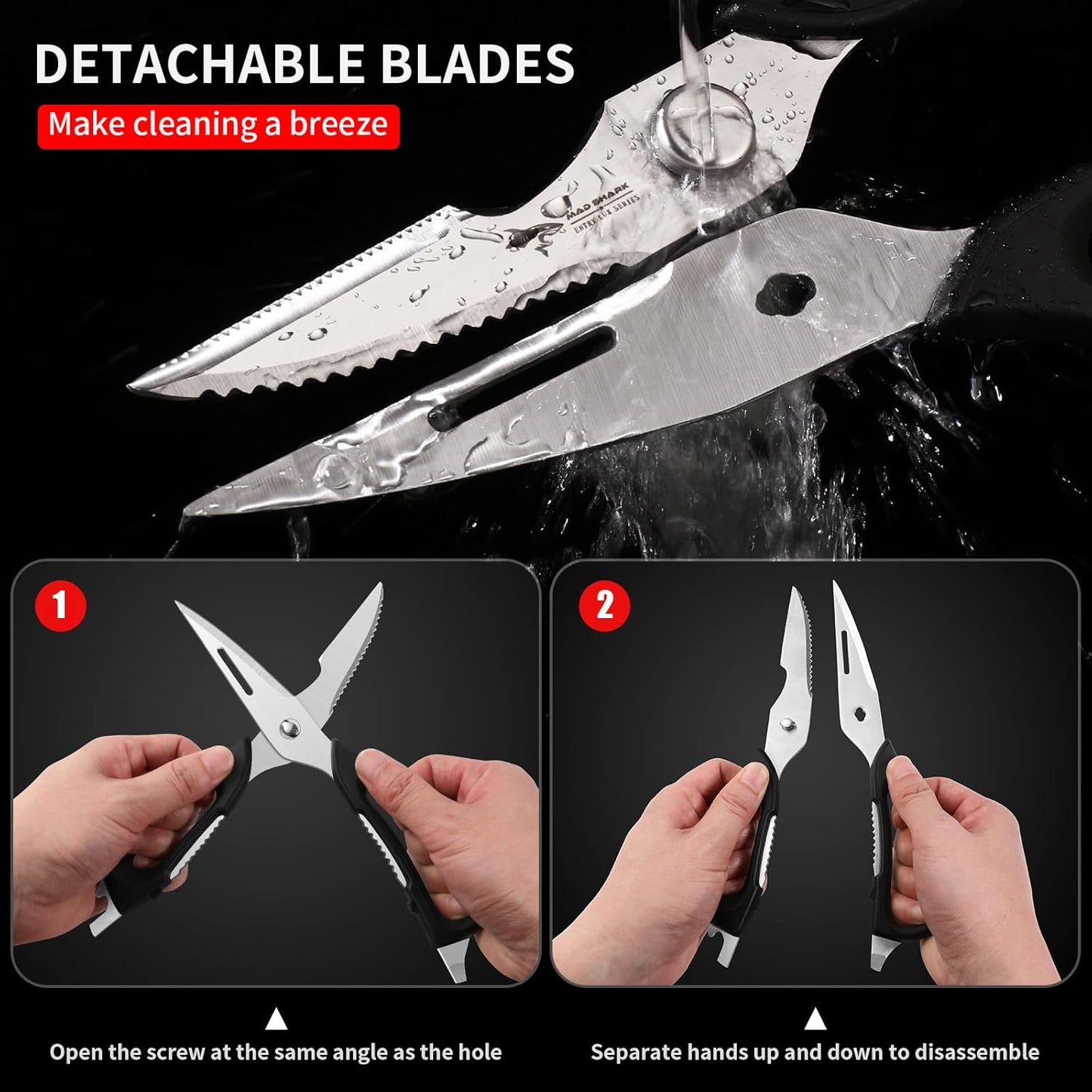 MAD SHARK Kitchen Scissors - Heavy Duty Stainless Steel Shears with Comfort Grip | Dishwasher Safe, Black