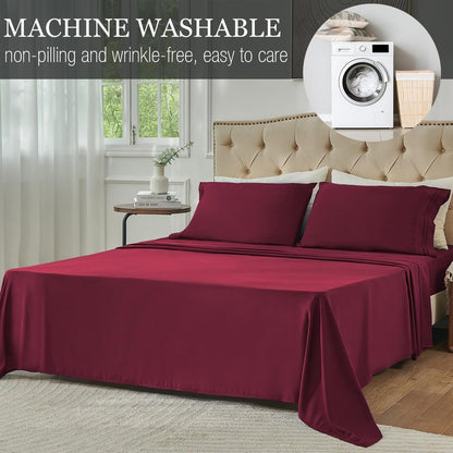 Yibeizi Queen Sheet Set Cooling Sheets Deep Pocket Queen Size Bed Sheets Set, Red Soft Microfiber Oeko-Tex Sheets & Pillowcases Hypoallergenic Wrinkle Free Bedsheets