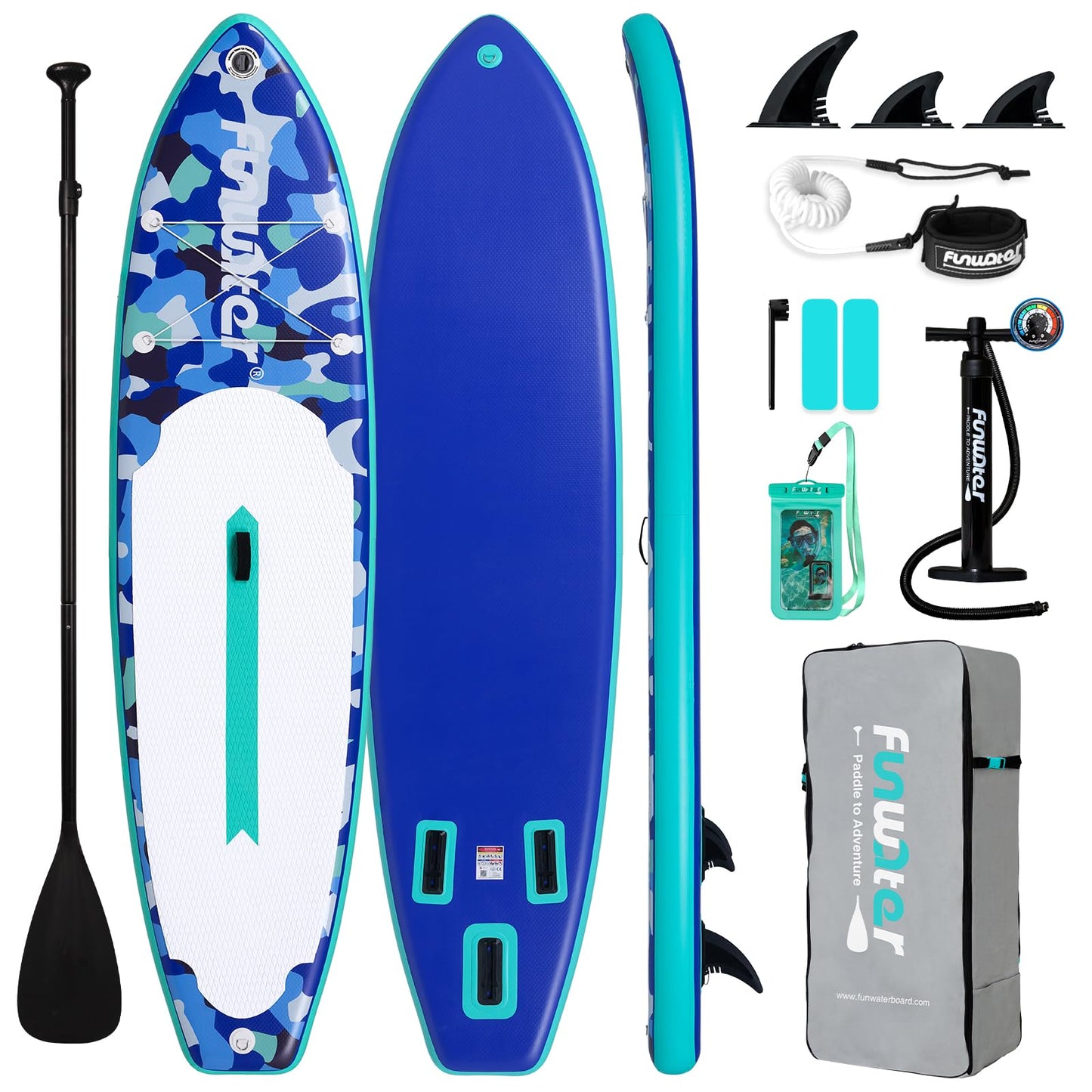 FunWater SUP Inflatable Stand Up Paddle Board Ultra-Light Inflatable Paddleboard with SUP Accessories,Fins,Adjustable Paddle, Pump,Backpack, Leash, Waterproof Phone Bag(Blue)