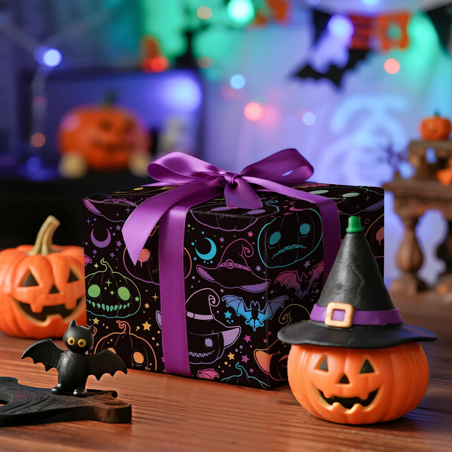 LeZakaa Halloween Pumpkin Wrapping Paper Roll, 13" Gift Bag with Tissue Paper, Gift Tag, and Card, Evil Pumpkin Fluorescent Black Design for Halloween, Holidays, Party