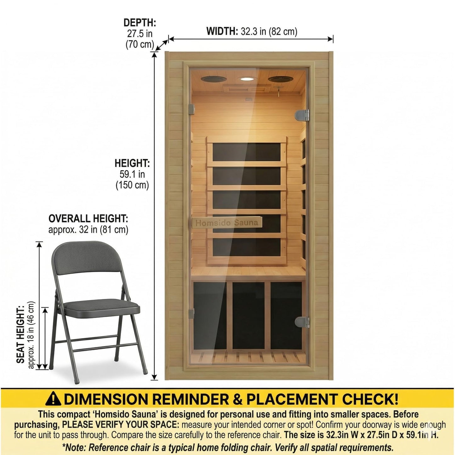 1-Person Home Sauna, 32.3IN x 27.2IN x 59IN Mini Canadian Hemlock Wood Far Infrared Sauna with 5 Low-EMF Carbon Heaters (60-140°F), 110V/900W, Bluetooth Speaker, Quick 30-Min Setup, Fits Any Room