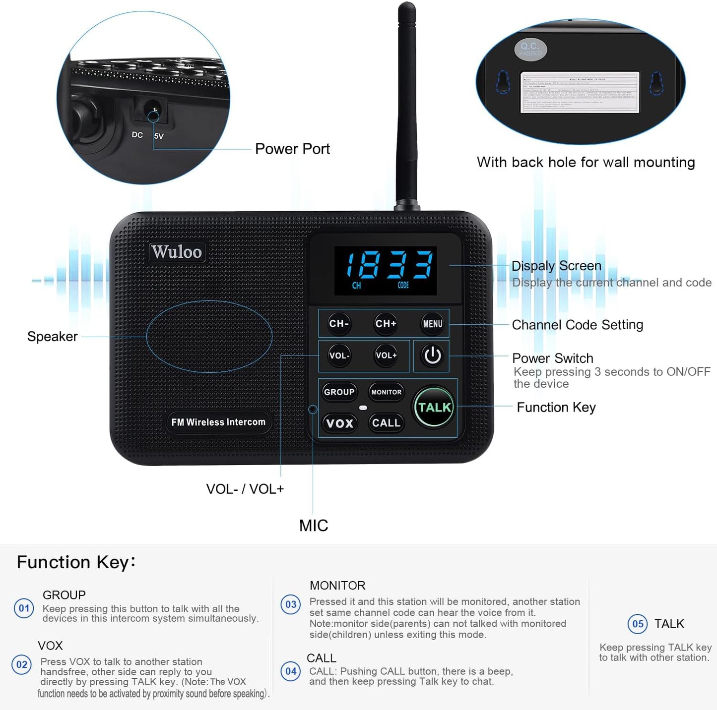 Wuloo Intercoms Wireless for Home 1 Mile Range 22 Channel 100 Digital Code Display Screen, Wireless Intercom System for Home House Business Office, Room to Room Intercom Communication(3Stations Black)