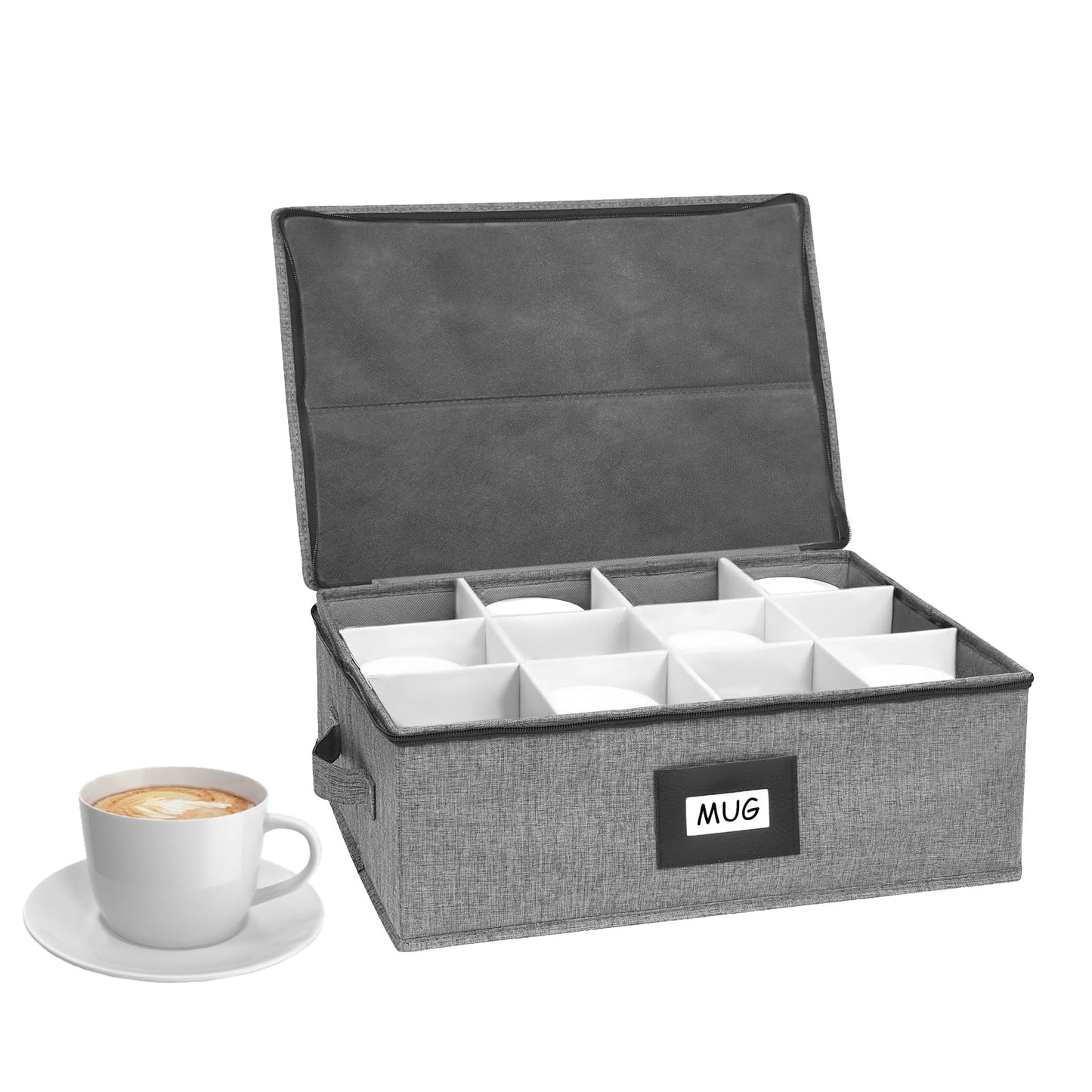 HURZMORO Mug Storage Box with 12 Compartments, Gray Hard Shell Container, Padded Dividers, Dual Handles, Zipper Lid for Coffee Cup Organization and Moving (1, Coffee Cup Storage Box)