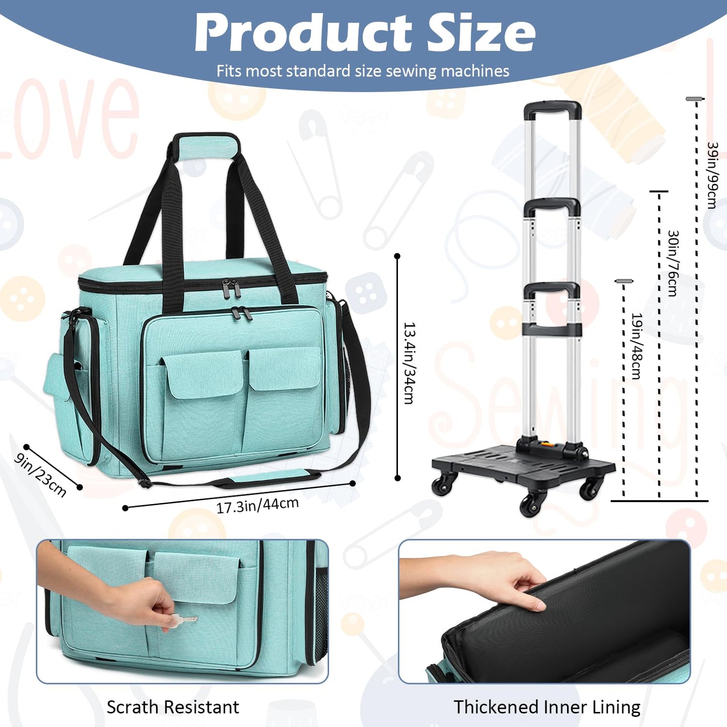 SLINRKE Sewing Machine Case with Wheels - Rolling Sewing Machine Tote with Removable Bottom Pad & Multiple Storage Pockets, Compatible with Singer & Brother (Teal)