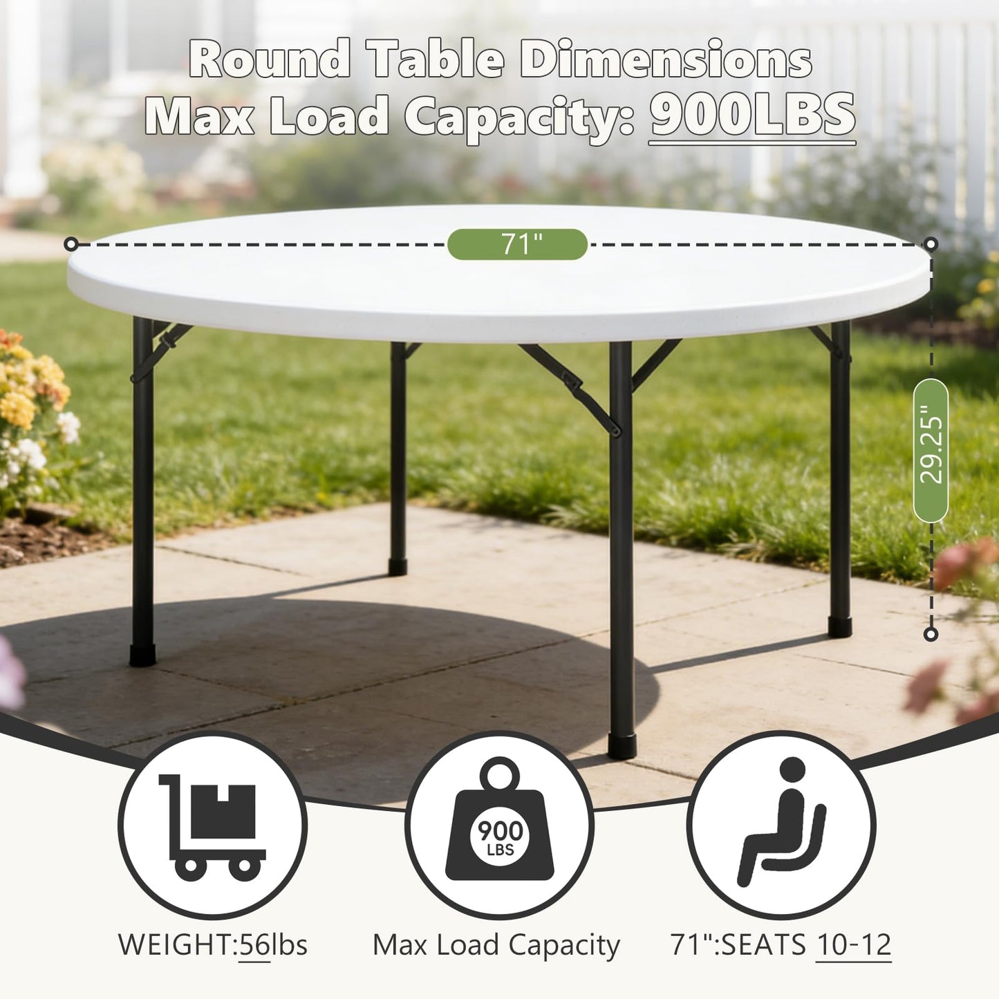 MAKE CHANGES 71" Folding Round Table, Plastic Dinner Table, Portable Folding Banquet Table for Living Room, Party or Outdoor Event, White