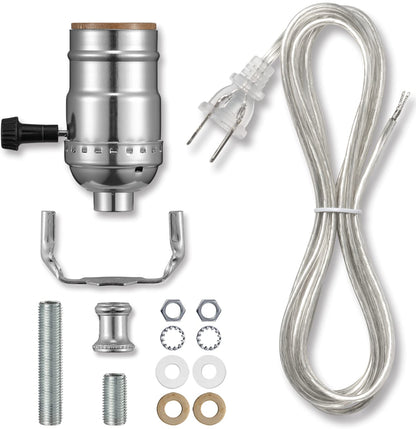 Lamp Kits for Do It Yourself, Lamp Rewire Kit with 3-Way Lamp Socket and Essential Hardware, 12 FT Lamp Cord Replacement, Lamp Repair Kit for Table Lamps, Lamp Wiring Kit, Lamp Parts (Silver)