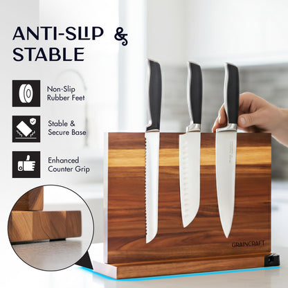 Graincraft Magnetic Knife Block with Sharpener, Countertop Magnetic Knife Holder, 3X Double Sided Magnet Knife Stand, Non-Slip Base, Kitchen Knife Storage Organizer (Acacia)