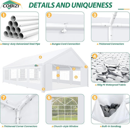 COBIZI 20x30 Party Tents Heavy Duty with 8 Sidewall & 12 Windows, Event Shelter Wedding Canopy for Parties, Powder Coating (Better Than Galvanized), Waterproof Outdoor Gazebo for BBQ, White