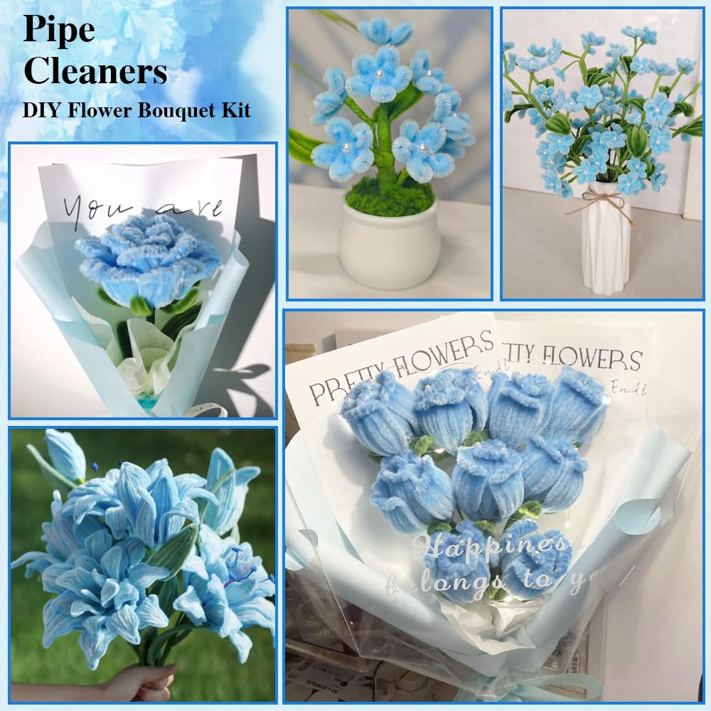 300Pieces Blue Pipe Cleaners Flower Kit with 20 Floral Wires, Floral Tape etc, Fluffy Blue Green Pipe Cleaners Craft Supplies, DIY Flower Kit for Wedding Mother's Day Gift, Holiday Decoration