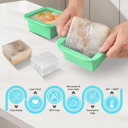 Silicone Freezer Tray with Lid 4 Pack Silicone Freezer Molds Ice Cube Tray Makes 4 Perfect 2 Cup Portions Soup Cubes Meal Prep Containers- Oven & Dishwasher Safe