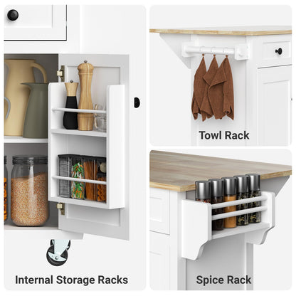Rovibek Kitchen Island with Drawers 53 in Rolling Island Cart Mobile Solid Wood Portable Islands on Wheels with Storage Cabinet & Drawers, White