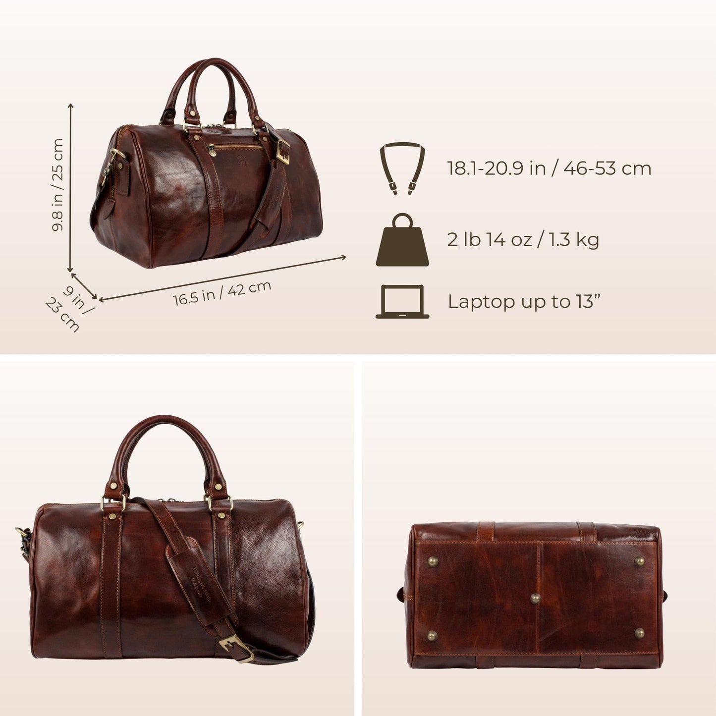 Time Resistance Full Grain Leather Small Duffel Bag - Gym Weekender Overnight Bag (Brown)