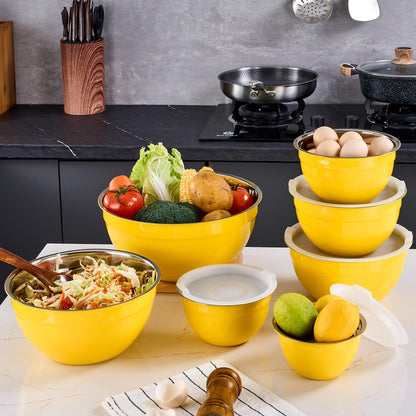 Onlycooker Yellow Mixing Bowls With Airtight Lids,Stainless Steel Bowl,Salad Bowls 7 Piece Colorful Nesting Bowl Yellow Kitchen Accessories,Size 7,3.6,2.7,2.1,1.5,1.1,0.8QT Stackable Design