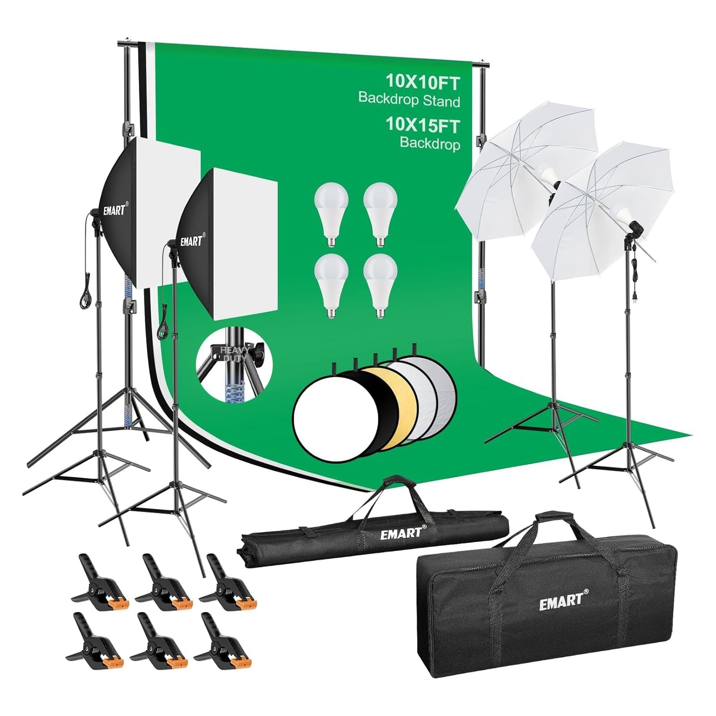 EMART 10 x 10 ft Heavy Duty Backdrop Support System, Professional Photography Lighting Kit with 5500K 50W LED, 10 * 15ft Backdrop *3, Reflector, Umbrellas&Softbox Lighting Kit for Studio, Portrait