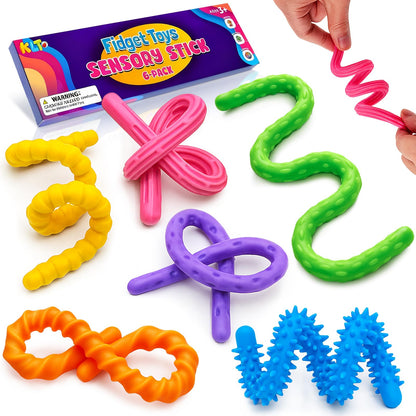 Sensory Fidget Toys for Kids: 6 Pack Textured Silicone Fidget Stick for Stress Relief Autistic ADHD, Quiet Desk Fidgets for Classroom, Sensory Toys for Autism, Egg Filler Easter Basket Stuffers